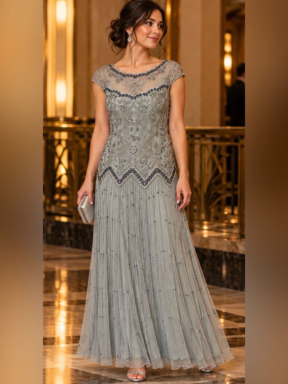 Pisarro Nights Blue Gray Beaded Illusion Neck Formal Gown -homecoming, prom